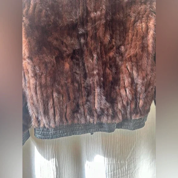 Vintage Scandinavian Mink Fur Bomber Jacket Brown Zip Leather Waist S/M - Picture 7 of 9